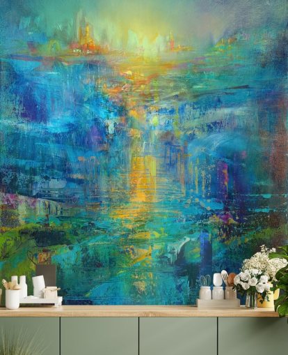 custom blue abstract mural called A New Day on the Horizon by Annette Schmucker
