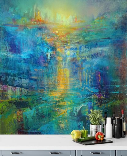 custom blue abstract mural called A New Day on the Horizon by Annette Schmucker