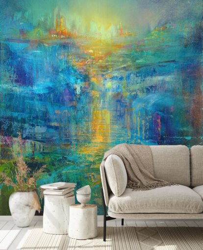 aangepaste blauwe abstracte muurschildering genaamd A New Day on the Horizon door Annette Schmucker