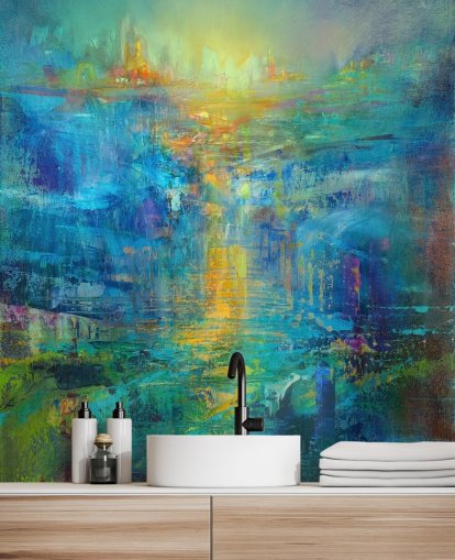 custom blue abstract mural called A New Day on the Horizon by Annette Schmucker
