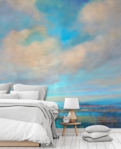 peinture murale abstraite personnalisable en forme de nuages bleus et blancs intitulée Little Moments of Happiness par Annette Schmucker