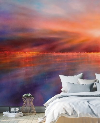 mural abstrato roxo e laranja personalizado chamado Another Morning, de Annette Schmucker mural abstrato roxo e laranja personalizado chamado Another Morning, de Annette Schmucker