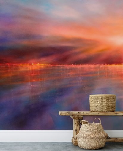 aangepaste paarse en oranje abstracte muurschildering genaamd Another Morning door Annette Schmucker aangepaste paarse en oranje abstracte muurschildering genaamd Another Morning door Annette Schmucker