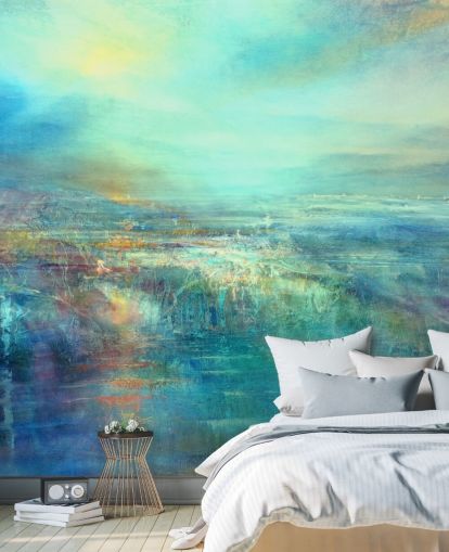 blauwe abstracte muurschildering op maat genaamd Daybreak van Annette Schmucker blauwe abstracte muurschildering op maat genaamd Daybreak van Annette Schmucker
