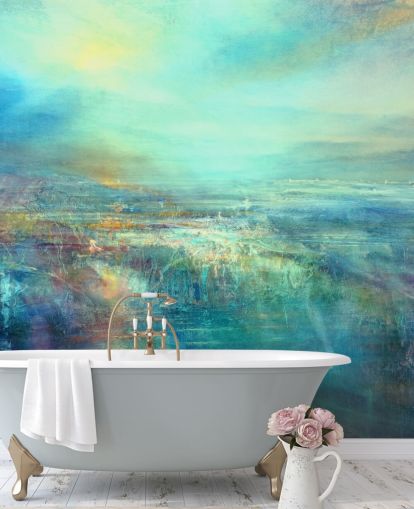 mural abstracto azul hecho a medida llamado Daybreak de Annette Schmucker