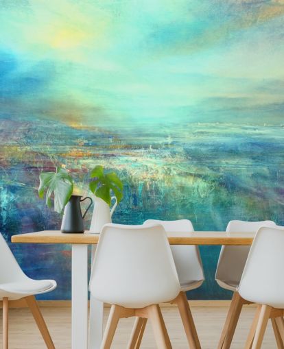 mural de parede abstrato azul feito à medida chamado Daybreak por Annette Schmucker mural de parede abstrato azul feito à medida chamado Daybreak por Annette Schmucker