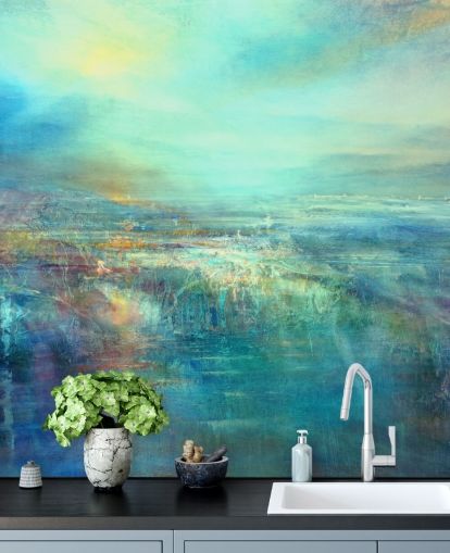 mural de parede abstrato azul feito à medida chamado Daybreak por Annette Schmucker mural de parede abstrato azul feito à medida chamado Daybreak por Annette Schmucker