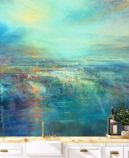 made to measure blue abstract wall mural called Daybreak by Annette Schmucker