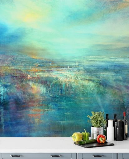 Måttanpassad blå abstrakt väggmålning kallad Daybreak av Annette Schmucker