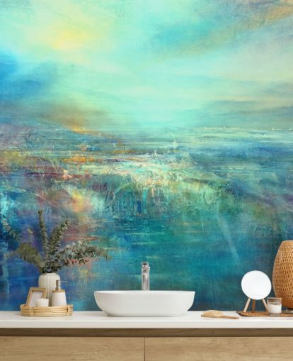 mural de parede abstrato azul feito à medida chamado Daybreak por Annette Schmucker mural de parede abstrato azul feito à medida chamado Daybreak por Annette Schmucker