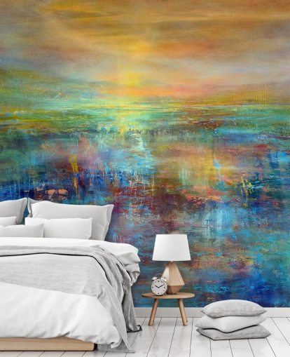 Personalisierbares abstraktes Wandbild in Blau und Orange namens Daydream von Annette Schmucker