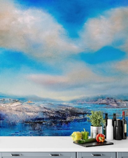 anpassningsbar abstrakt moln väggmålning kallad The Blue River av Annette Schmucker