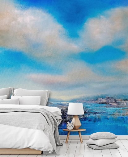 aanpasbare abstracte wolkenmuurschildering genaamd The Blue River door Annette Schmucker aanpasbare abstracte wolkenmuurschildering genaamd The Blue River door Annette Schmucker