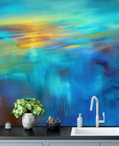 op maat gemaakte blauwe abstracte muurschildering genaamd Flow van Annette Schmucker