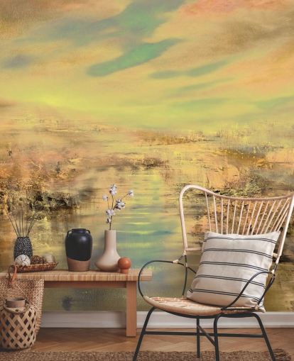 mural abstrato dourado personalizado chamado Golden Evening Light de Annette Schmucker mural abstrato dourado personalizado chamado Golden Evening Light de Annette Schmucker