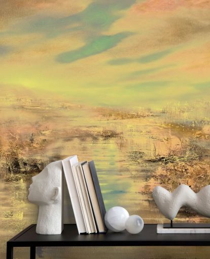 mural abstrato dourado personalizado chamado Golden Evening Light de Annette Schmucker