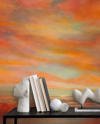 mural abstrato personalizável em laranja e vermelho chamado Glorious Evenings de Annette Schmucker