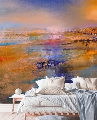 murale astratto personalizzato viola e arancione chiamato Horizon di Annette Schmucker