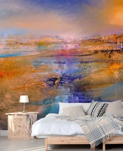 murale astratto personalizzato viola e arancione chiamato Horizon di Annette Schmucker