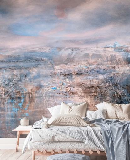 aangepaste roze abstracte muurschildering genaamd Iceland Early Sun Panoramic van Annette Schmucker voor slaapkamers en woonkamers