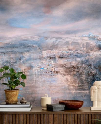 Annette Schmuckerin mukautettu vaaleanpunainen abstrakti seinämaalaus nimeltä Iceland Early Sun Panoramic makuuhuoneisiin ja olohuoneisiin