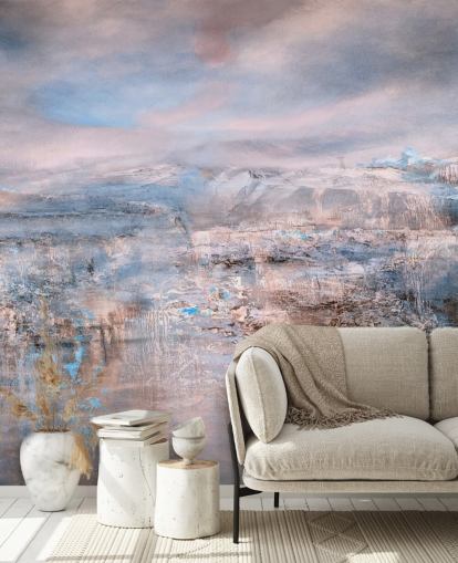 custom pink abstract mural called Iceland Early Sun Panoramic by Annette Schmucker for bedrooms and living rooms