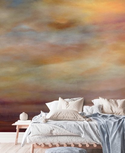 gult, orange og lilla abstrakt vægmaleri kaldet Last Light af Annette Schmucker gult, orange og lilla abstrakt vægmaleri kaldet Last Light af Annette Schmucker