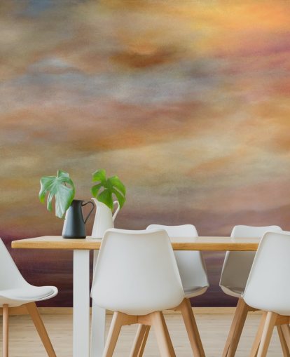 gele, oranje en paarse abstracte muurschildering genaamd Last Light van Annette Schmucker gele, oranje en paarse abstracte muurschildering genaamd Last Light van Annette Schmucker