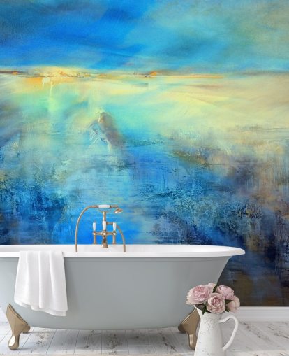 custom blue abstract art mural called Light Covers the World by Annette Schmucker for kitchens and bathrooms