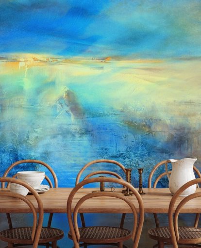 kundenspezifisches blaues abstraktes Kunstwandbild namens Light Covers the World von Annette Schmucker für Küchen und Badezimmer