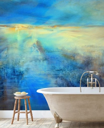 mural de arte abstracto azul personalizado llamado Light Covers the World de Annette Schmucker para cocinas y baños
