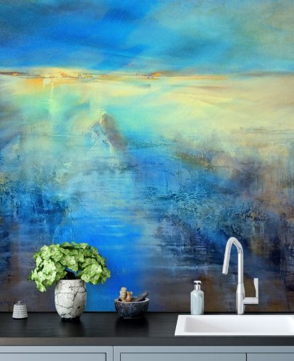 custom blue abstract art mural called Light Covers the World by Annette Schmucker for kitchens and bathrooms