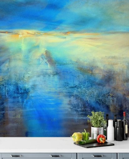 custom blue abstract art mural called Light Covers the World by Annette Schmucker for kitchens and bathrooms custom blue abstract art mural called Light Covers the World by Annette Schmucker for kitchens and bathrooms