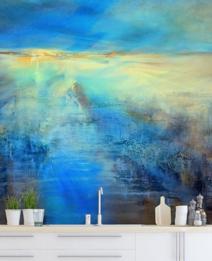 custom blue abstract art mural called Light Covers the World by Annette Schmucker for kitchens and bathrooms