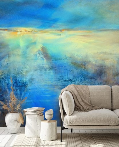 murale d'arte astratta blu personalizzato chiamato Light Covers the World di Annette Schmucker per cucine e bagni