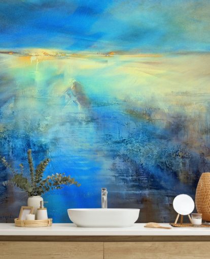 custom blue abstract art mural called Light Covers the World by Annette Schmucker for kitchens and bathrooms custom blue abstract art mural called Light Covers the World by Annette Schmucker for kitchens and bathrooms