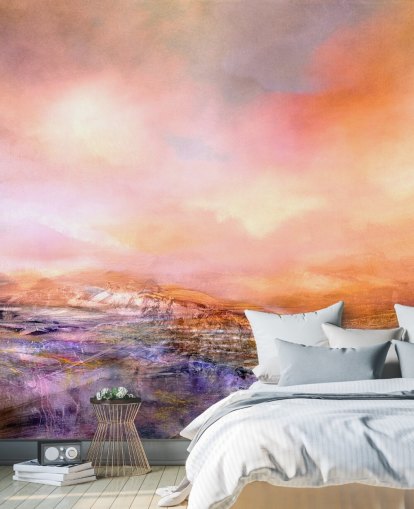 murale astratto personalizzato arancione e rosa chiamato New Territory Bright Light di Annette Schmucker