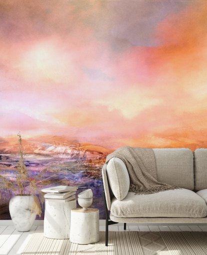 custom orange and pink abstract landscape mural called New Territory Bright Light by Annette Schmucker