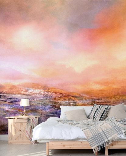 aangepaste oranje en roze abstracte landschapsmuurschildering genaamd New Territory Bright Light van Annette Schmucker aangepaste oranje en roze abstracte landschapsmuurschildering genaamd New Territory Bright Light van Annette Schmucker