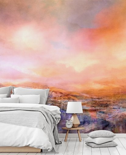 custom orange and pink abstract landscape mural called New Territory Bright Light by Annette Schmucker custom orange and pink abstract landscape mural called New Territory Bright Light by Annette Schmucker