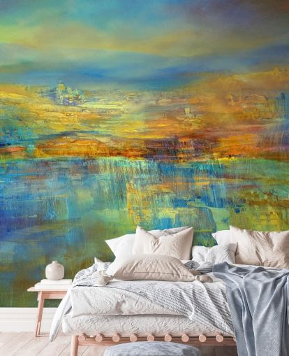 blue and yellow abstract mural called Out of the Blue by Annette Schmucker blue and yellow abstract mural called Out of the Blue by Annette Schmucker