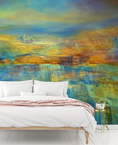 murale astratto blu e giallo chiamato Out of the Blue di Annette Schmucker 