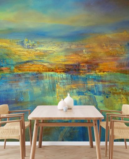 mural abstrato azul e amarelo chamado Out of the Blue de Annette Schmucker mural abstrato azul e amarelo chamado Out of the Blue de Annette Schmucker