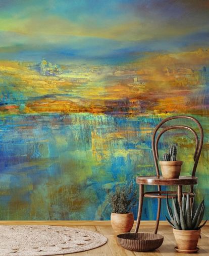 mural abstracto azul y amarillo llamado Out of the Blue de Annette Schmucker mural abstracto azul y amarillo llamado Out of the Blue de Annette Schmucker