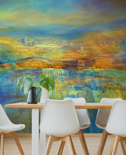 blått og gult abstrakt veggmaleri kalt Out of the Blue av Annette Schmucker 