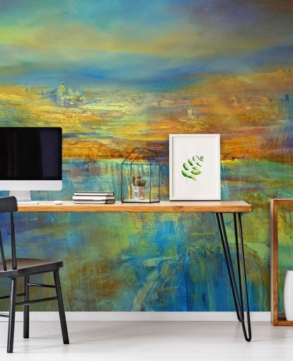 blau-gelbes abstraktes Wandbild mit dem Titel Out of the Blue von Annette Schmucker 