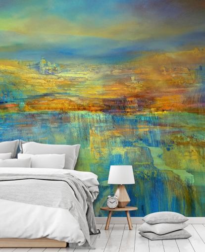 blue and yellow abstract mural called Out of the Blue by Annette Schmucker blue and yellow abstract mural called Out of the Blue by Annette Schmucker