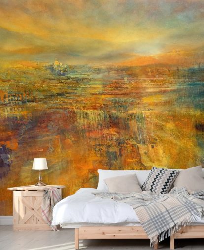 personalisierbares orangefarbenes Panorama-Wandbild namens Pouring Sunlight Panorama von Annette Schmucker