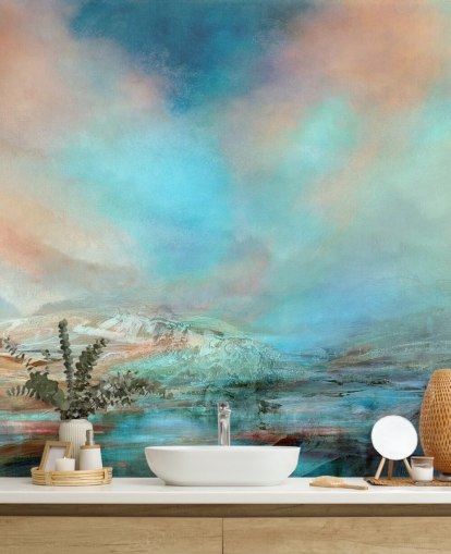customisable blue abstract landscape wall mural called Spring in Iceland by Annette Schmucker