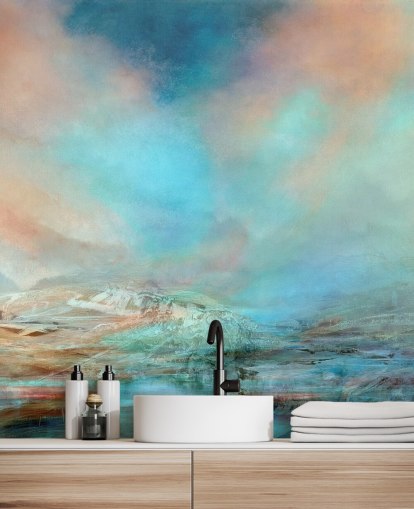 mural de pared de paisaje abstracto azul personalizable llamado Primavera en Islandia de Annette Schmucker